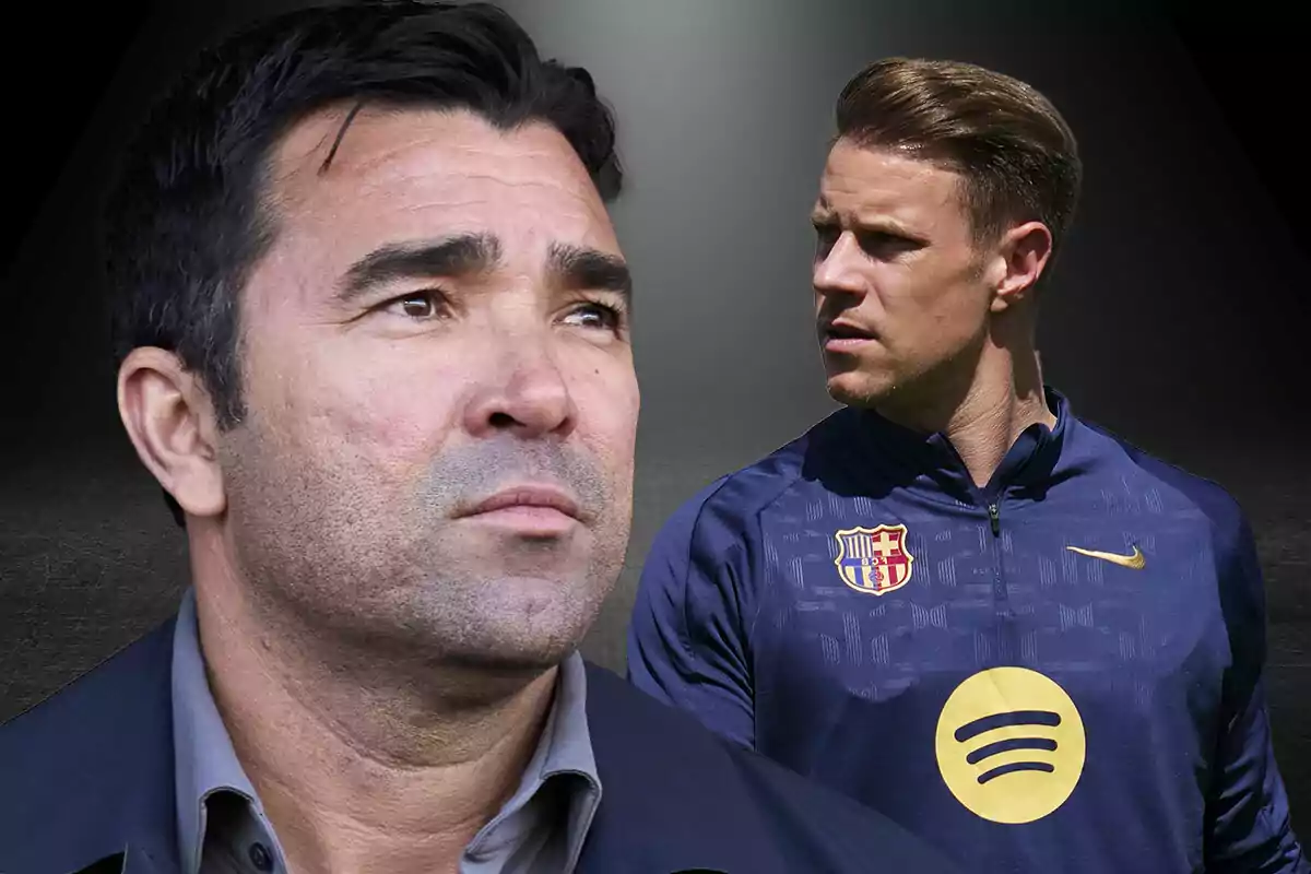 Dos hombres aparecen en la imagen, uno en primer plano con expresión seria y otro al fondo vistiendo una chaqueta del FC Barcelona.