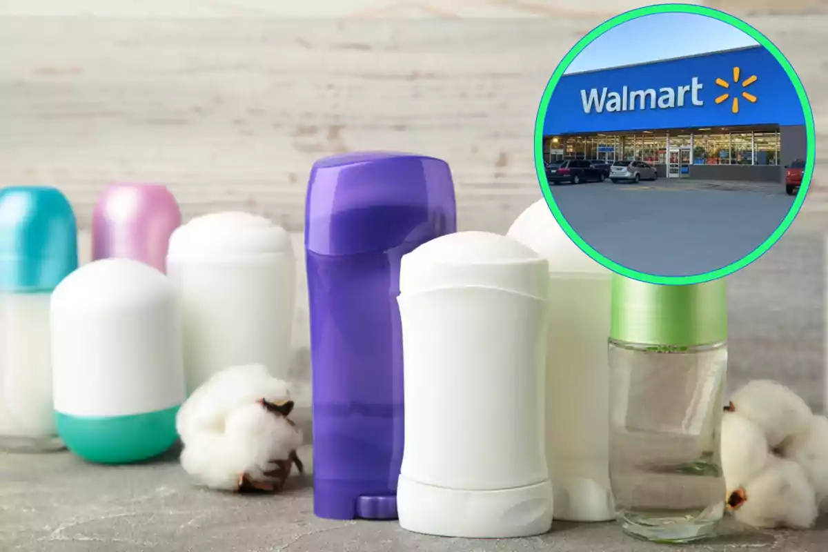 Varios desodorantes en diferentes envases junto a algodón y una imagen circular de la fachada de una tienda Walmart Varios desodorantes en diferentes envases junto a algodón y una imagen circular de la fachada de una tienda Walmart