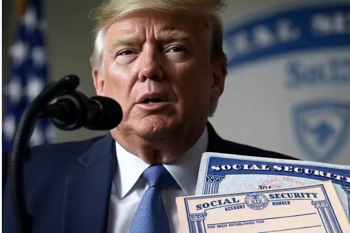 Hombre de cabello rubio hablando frente a un micrófono con tarjetas de seguro social en primer plano