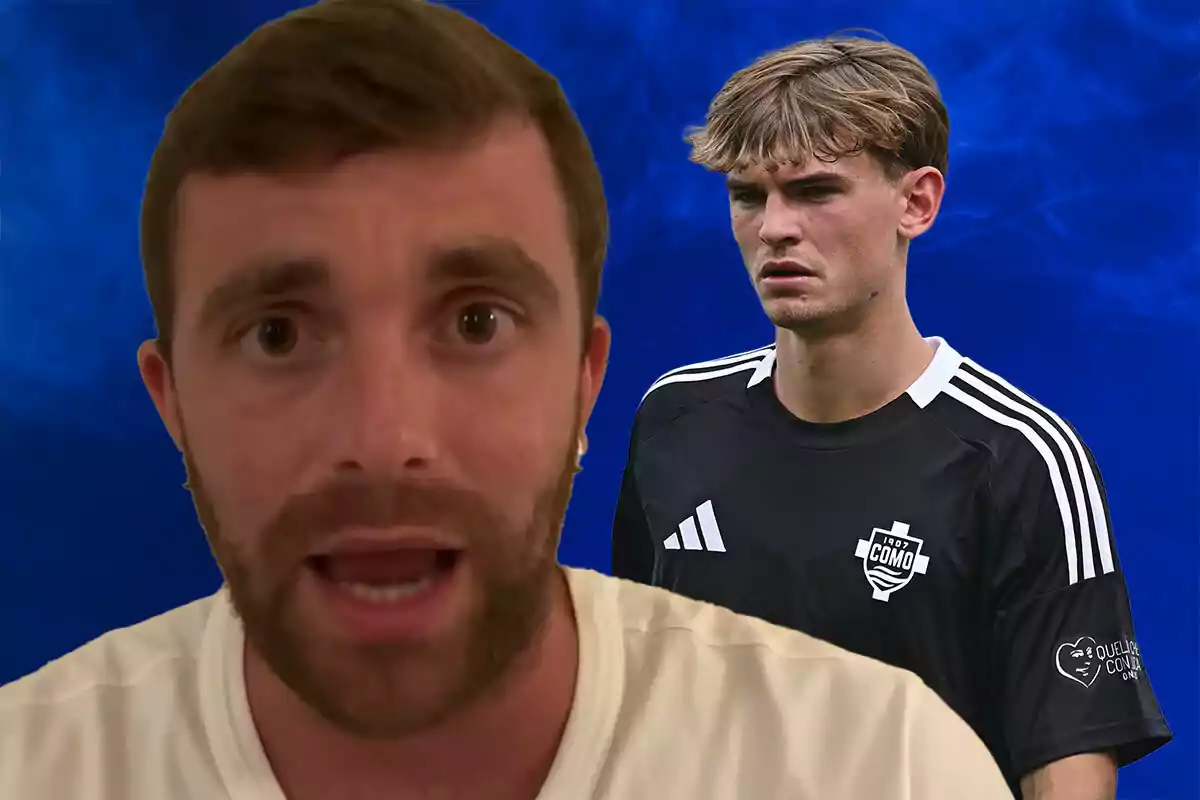 Close-up of a bearded man in a light-colored jersey next to a player in a black Como team uniform against a blue background