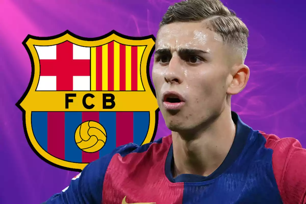 Futbolista con uniforme del Barcelona y escudo del club al fondo sobre un fondo morado