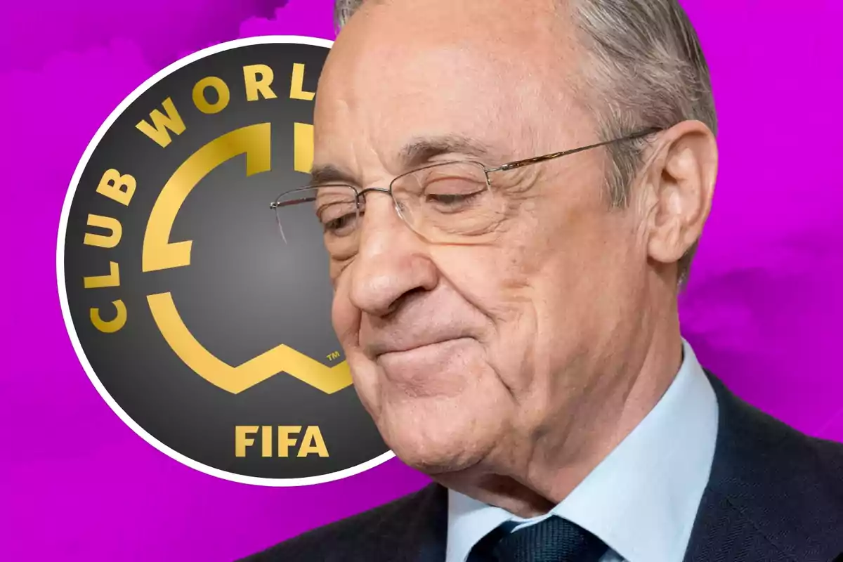 Hombre mayor con gafas y expresión seria frente a un logo del Mundial de Clubes de la FIFA sobre un fondo rosa.