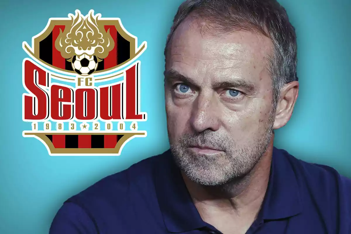 Hombre de cabello corto y barba mirando al frente con el logo del FC Seoul a su lado sobre un fondo azul