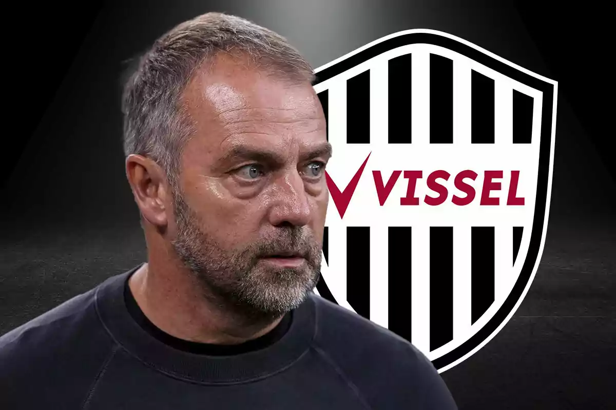 Hombre de cabello corto y barba con expresión seria frente al escudo del club Vissel Kobe