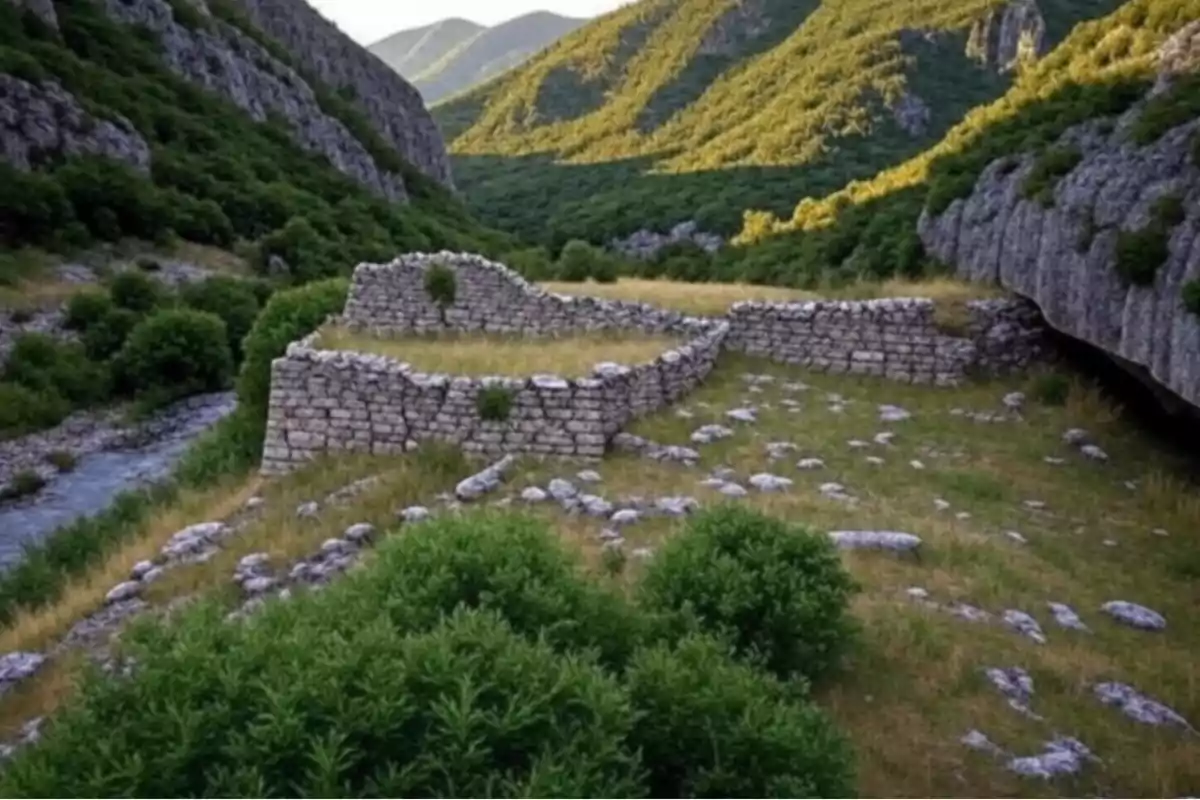 Ruinas de una antigua construcción de piedra rodeada de vegetación y montañas verdes con un arroyo a la izquierda Ruinas de una antigua construcción de piedra rodeada de vegetación y montañas verdes con un arroyo a la izquierda