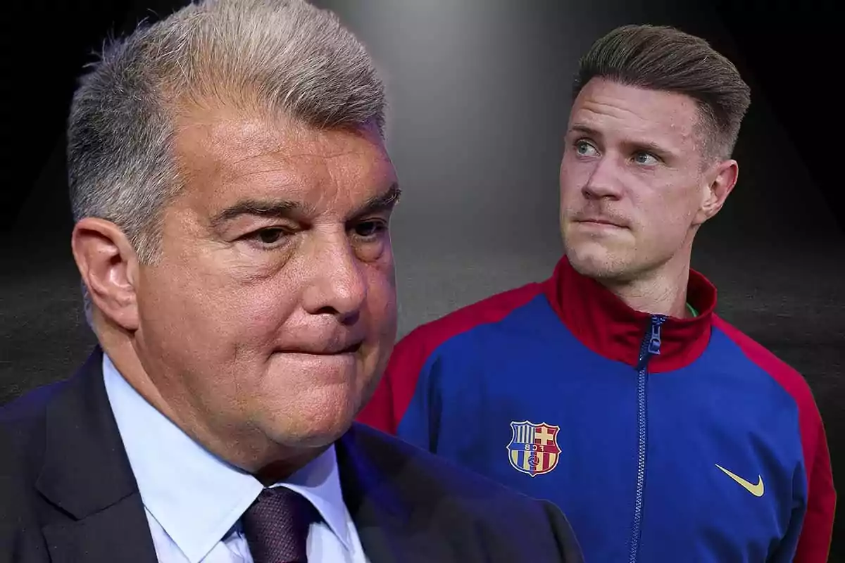 A man in a suit with a serious expression in the foreground and a player wearing a Barcelona jacket in the background against a dark backdrop