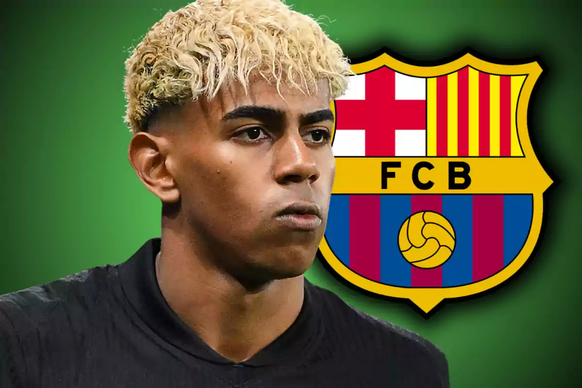 Young blonde-haired player with the FC Barcelona crest in the background