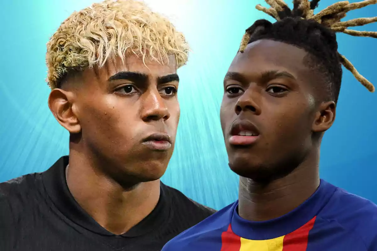 Dos jóvenes futbolistas con expresiones serias sobre un fondo azul