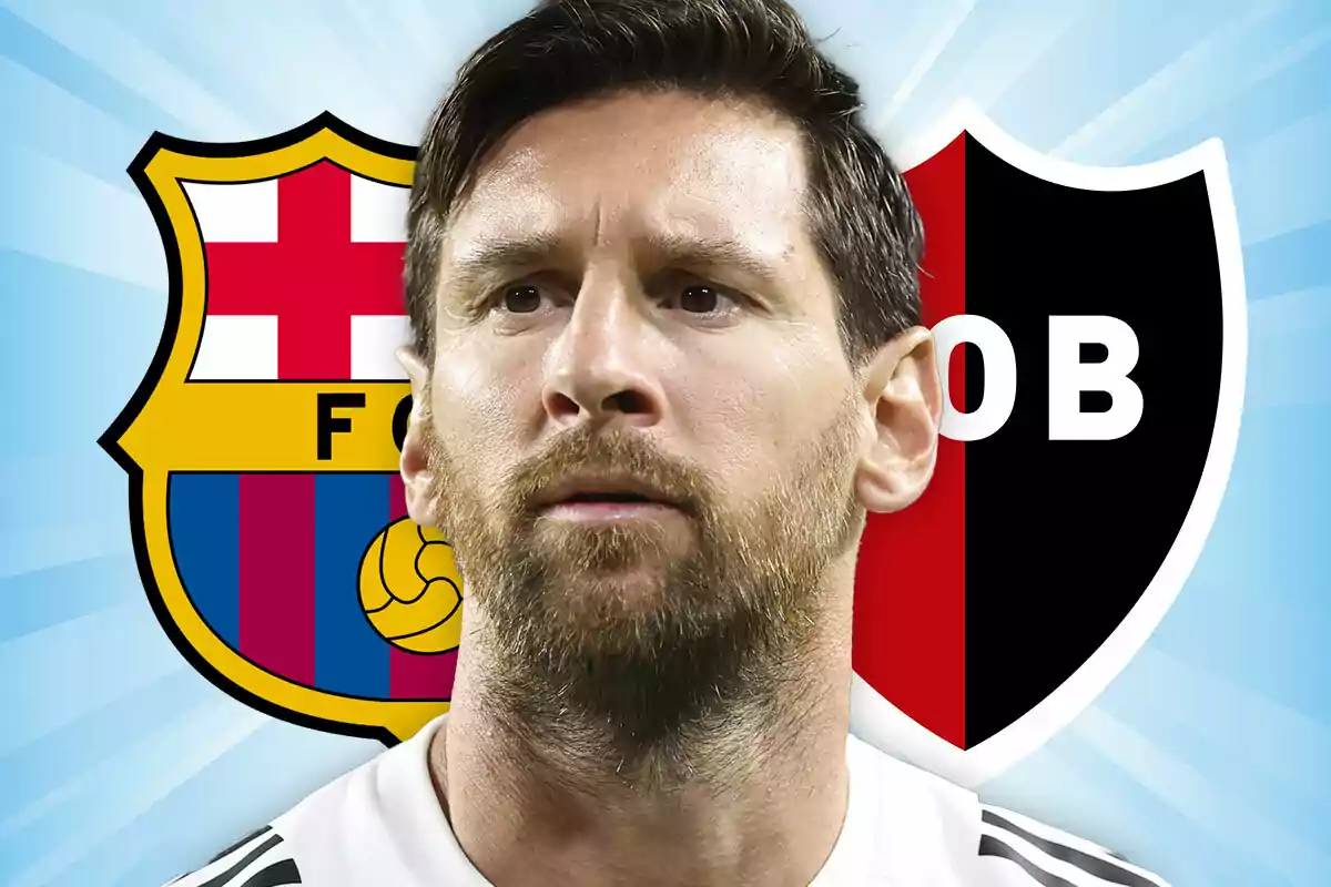 Futbolista con expresión seria frente a los escudos del FC Barcelona y Newell's Old Boys sobre un fondo azul