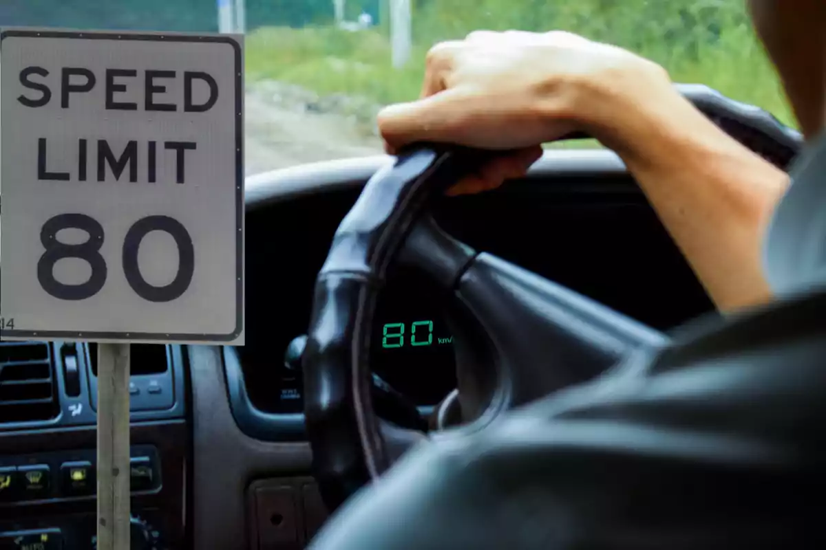 Persona conduciendo un auto a 80 km/h con una señal de límite de velocidad de 80 al lado Persona conduciendo un auto a 80 km/h con una señal de límite de velocidad de 80 al lado