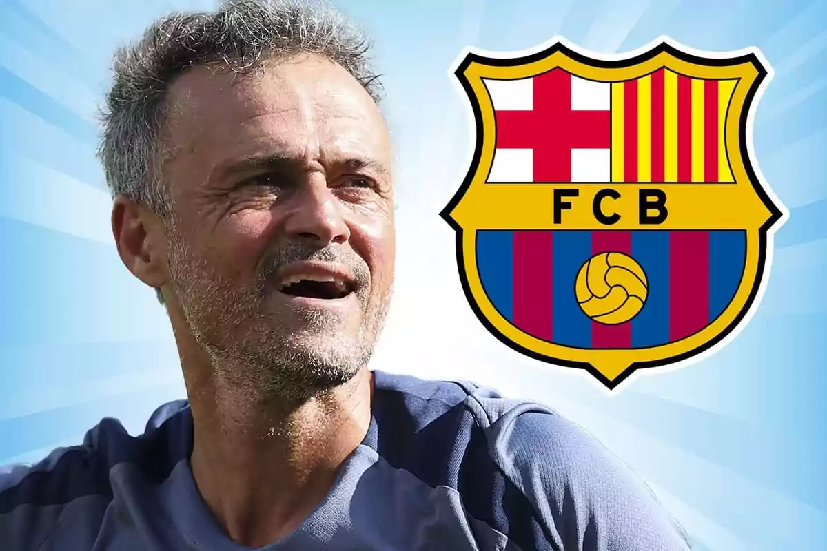 Gray-haired man with a beard looking to the side next to the FC Barcelona crest on a blue background