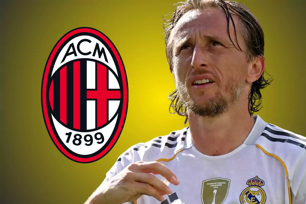 Futbolista con camiseta del Real Madrid junto al escudo del AC Milan sobre un fondo amarillo