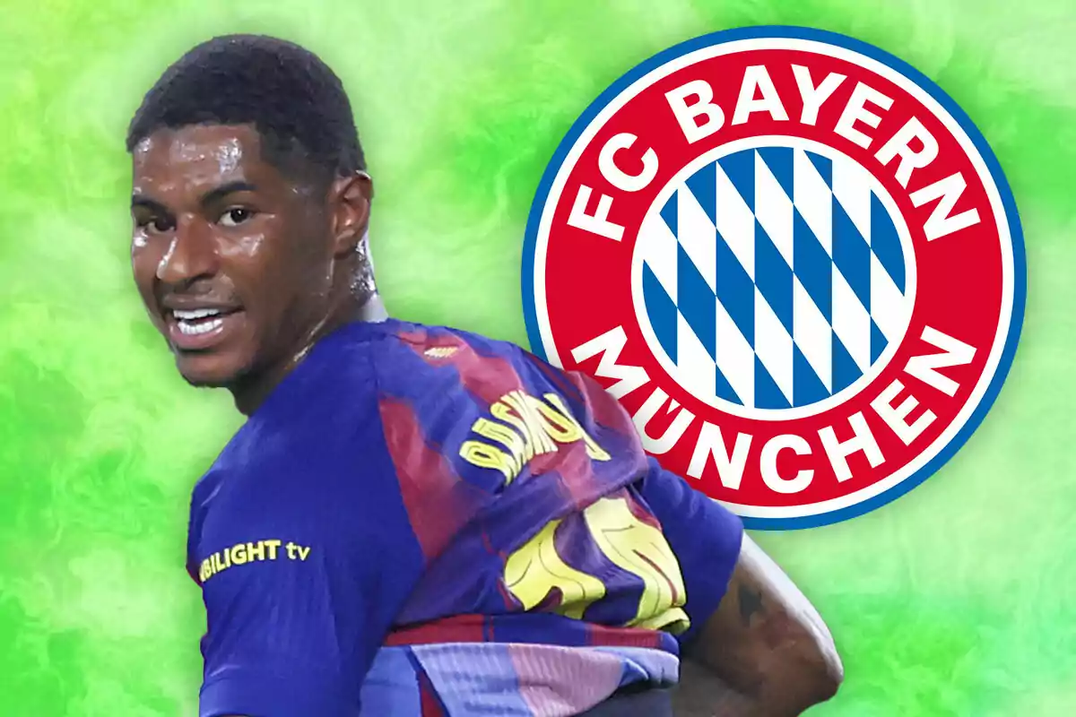 Un futbolista con uniforme azul y rojo aparece frente al escudo del Bayern Múnich sobre un fondo verde.