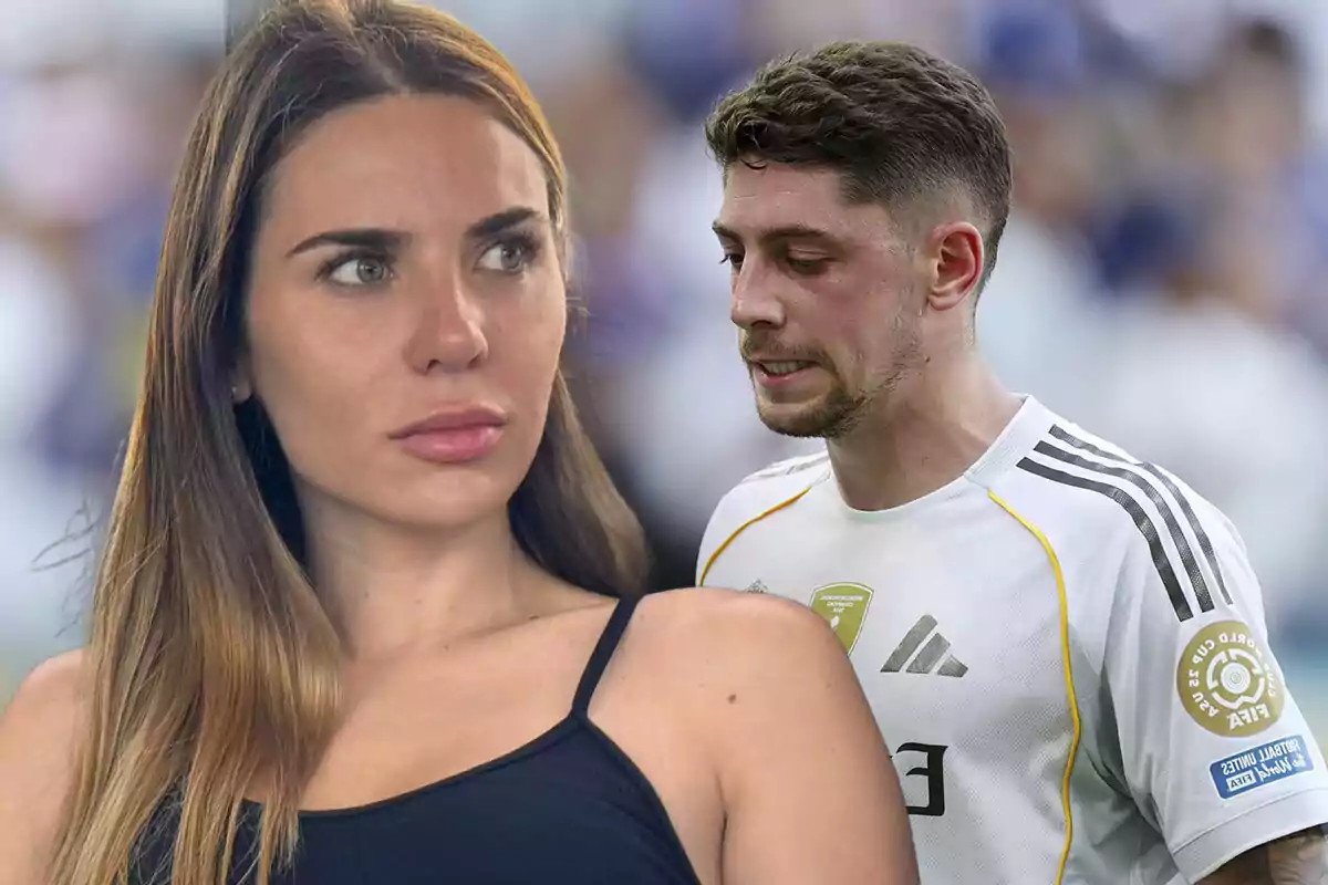 A woman with long hair and a man in a sports uniform appear together with serious expressions and a blurred background.