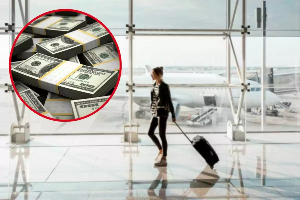Mujer caminando con maleta en un aeropuerto con un círculo que muestra fajos de billetes de dólares