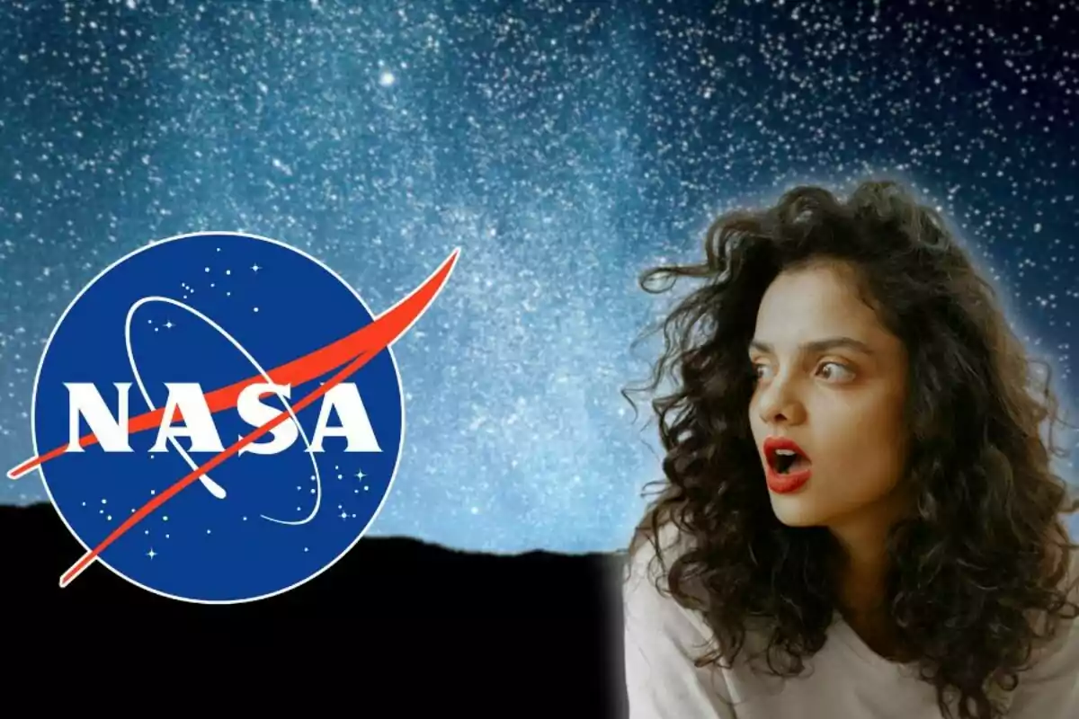 Surprised woman with a starry background and the NASA logo on the left