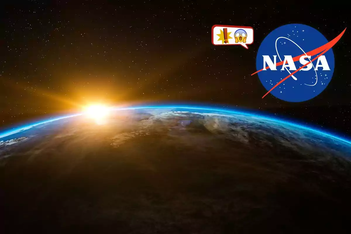 The sun rises over the Earth's horizon as seen from space, with the NASA logo and a speech bubble with surprised emojis in the upper right corner. The sun rises over the Earth's horizon as seen from space, with the NASA logo and a speech bubble with surprised emojis in the upper right corner.