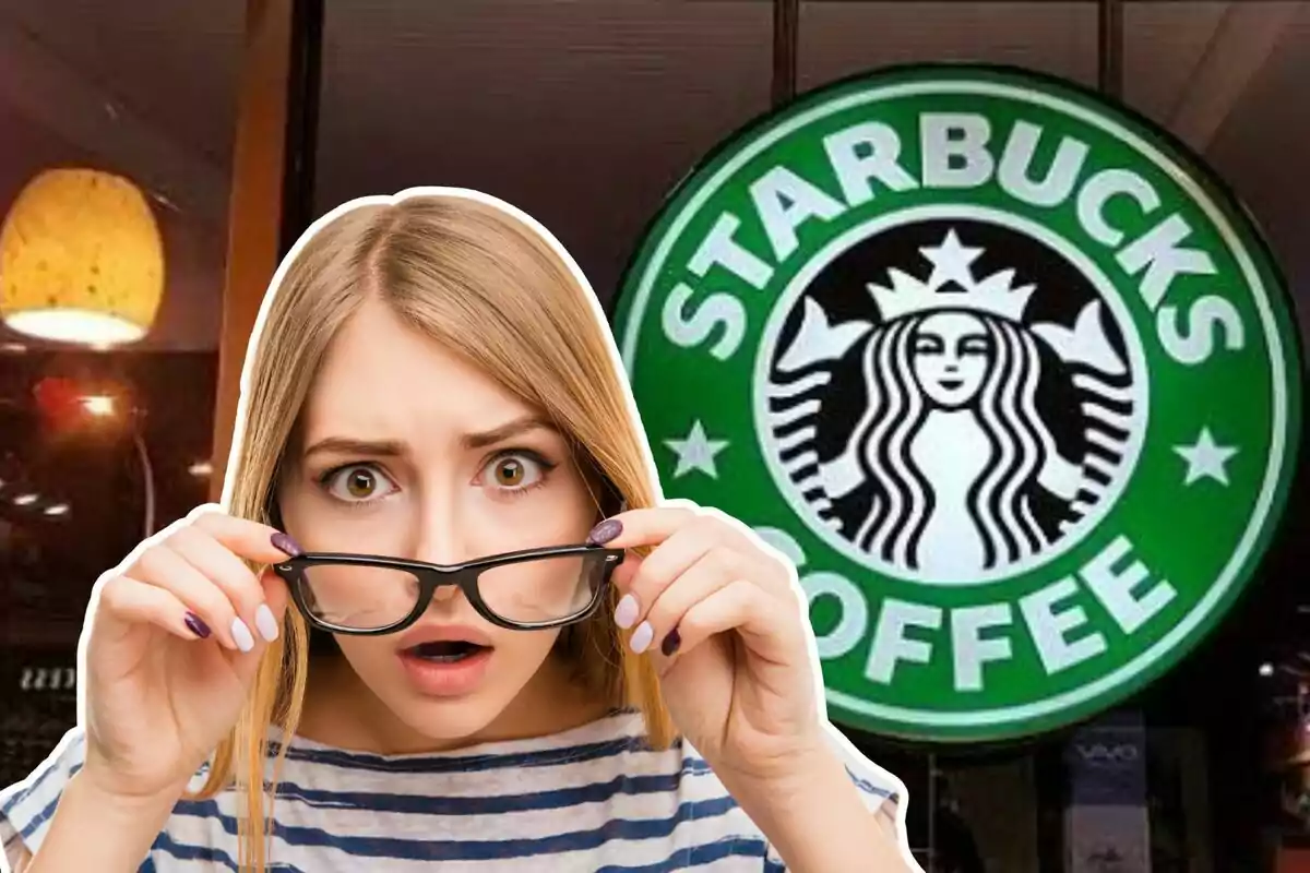 Surprised woman holding her glasses in front of a Starbucks sign