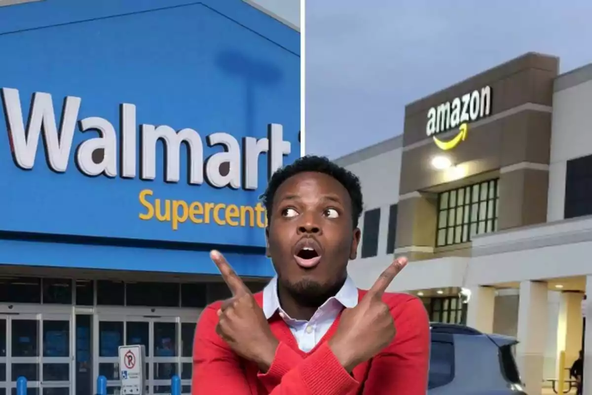 Hombre con expresión de sorpresa señalando hacia los letreros de Walmart y Amazon en el fondo