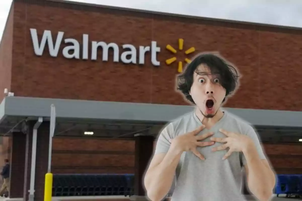 Hombre con expresión de sorpresa frente a una tienda Walmart