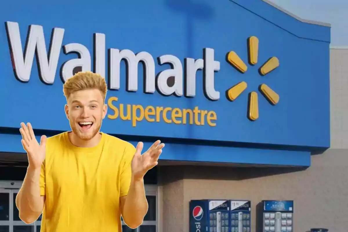 Hombre joven sonriente con camiseta amarilla frente a la entrada de un Walmart Supercentre