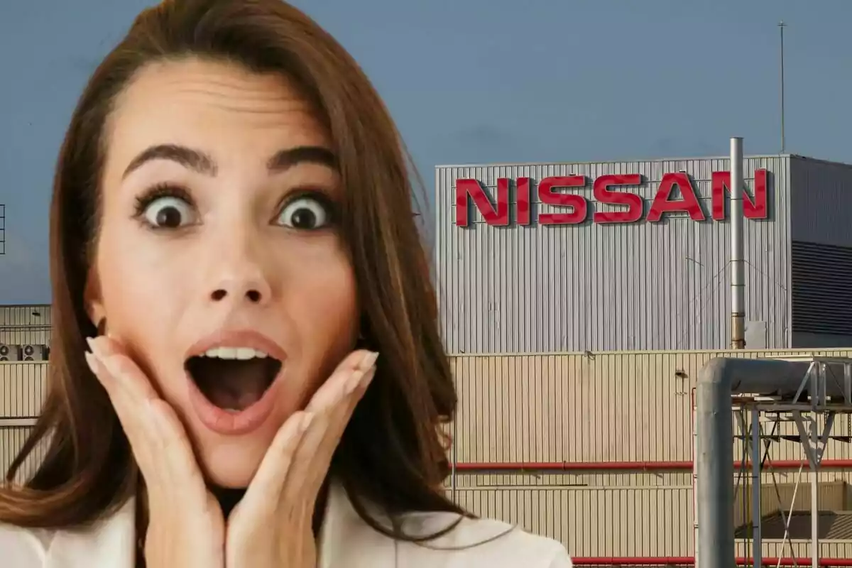 Woman with a surprised expression in front of a Nissan factory