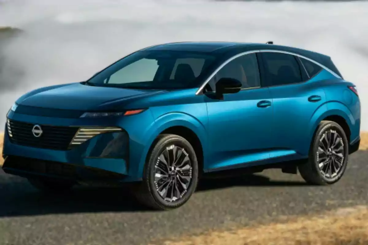 Modern blue SUV parked on an asphalt road with a background of clouds and natural landscape Modern blue SUV parked on an asphalt road with a background of clouds and natural landscape