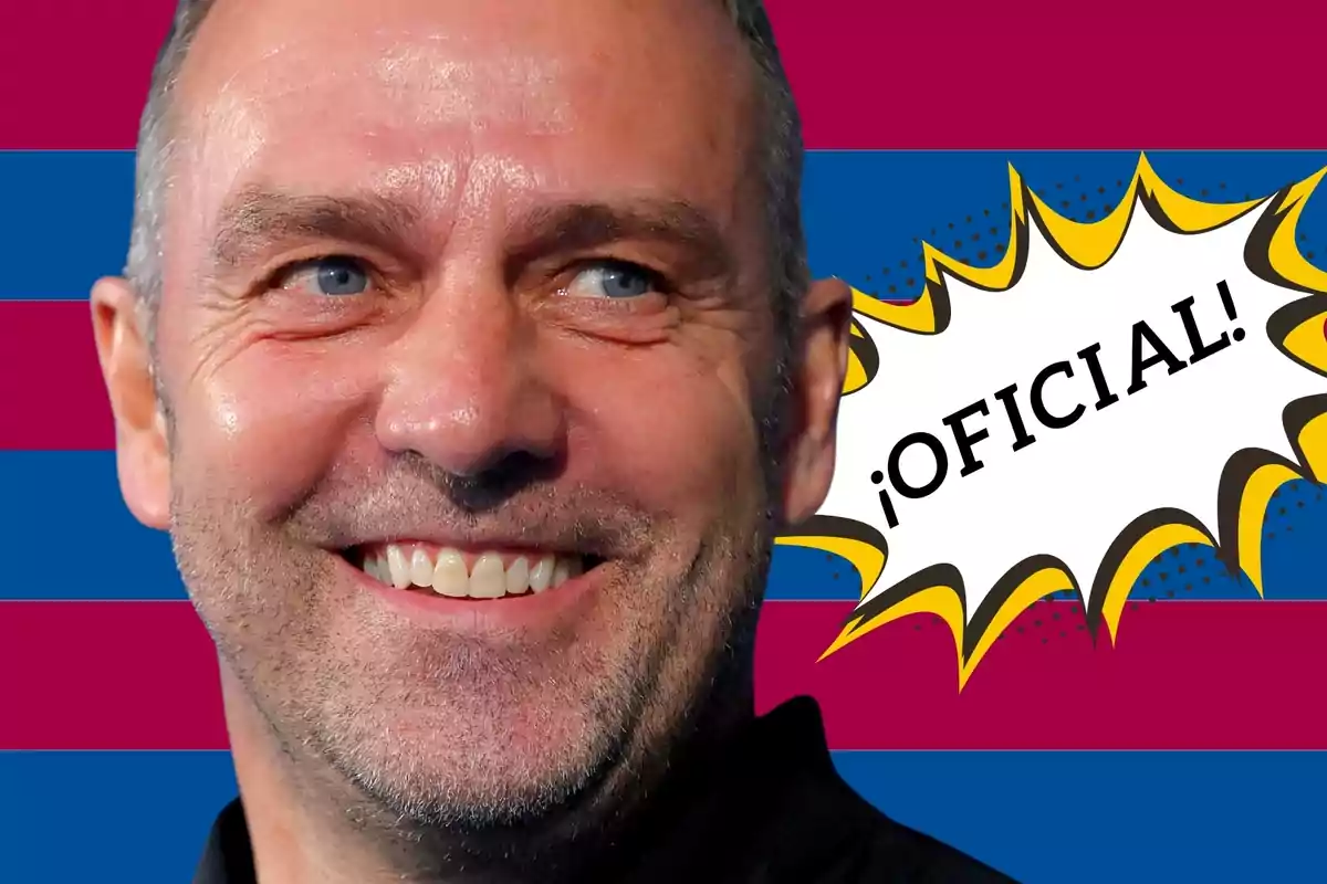 Hombre sonriente con fondo de franjas azulgranas y un letrero que dice oficial en estilo de cómic