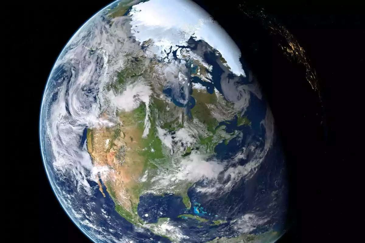Vista satelital del planeta Tierra mostrando América del Norte rodeada de nubes y océanos Vista satelital del planeta Tierra mostrando América del Norte rodeada de nubes y océanos