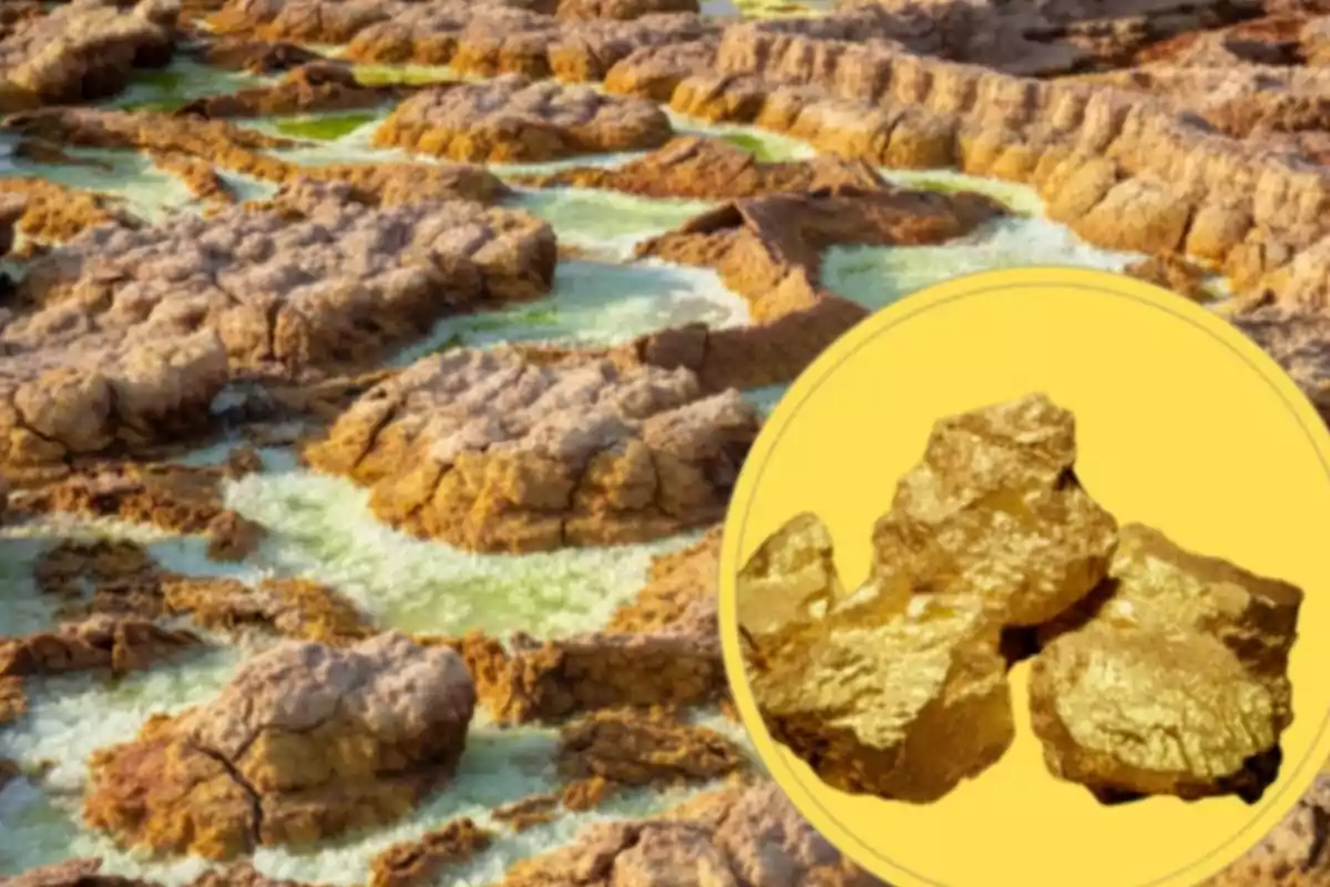 Formaciones rocosas de color marrón con agua verdosa y un círculo amarillo que muestra pepitas de oro Formaciones rocosas de color marrón con agua verdosa y un círculo amarillo que muestra pepitas de oro