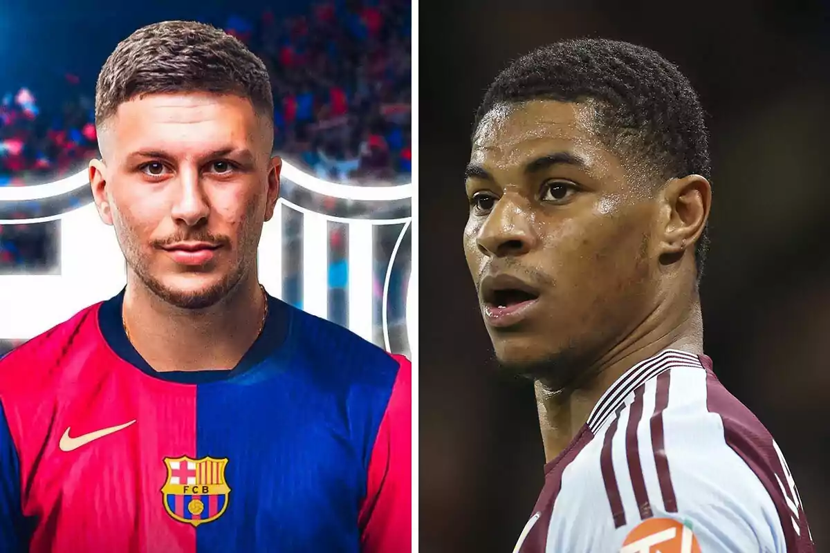 Dos futbolistas aparecen uno al lado del otro, el de la izquierda lleva el uniforme del Barcelona y el de la derecha viste un uniforme blanco con granate Dos futbolistas aparecen uno al lado del otro, el de la izquierda lleva el uniforme del Barcelona y el de la derecha viste un uniforme blanco con granate