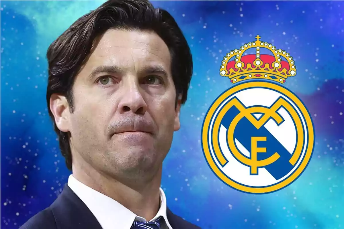 Hombre de cabello oscuro con expresión seria y el escudo del Real Madrid sobre un fondo azul