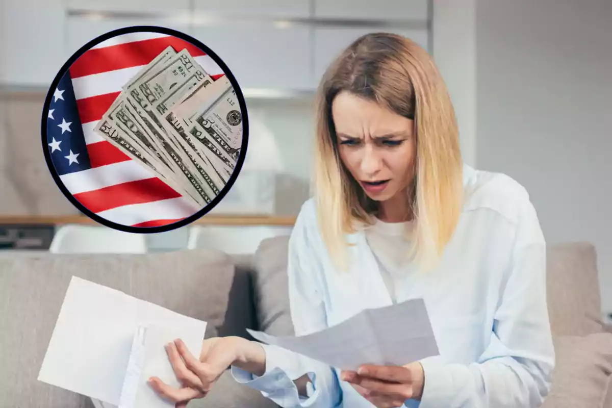 Mujer con expresión de preocupación revisando una carta mientras en la imagen aparece un círculo con billetes de dólares sobre una bandera de Estados Unidos