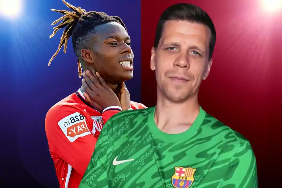 Dos futbolistas editados sobre un fondo dividido en azul y rojo uno de ellos lleva un uniforme verde del Barcelona y el otro viste de rojo