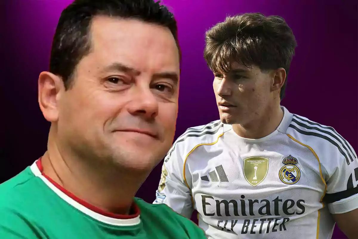 Dos hombres aparecen en la imagen uno en primer plano con camiseta verde y otro al fondo con uniforme blanco del Real Madrid sobre un fondo morado.