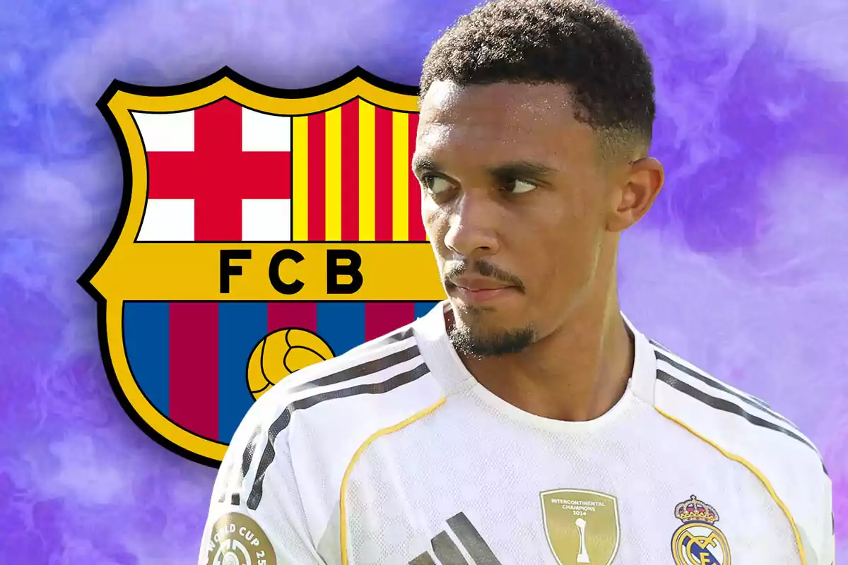 Futbolista con camiseta del Real Madrid frente al escudo del FC Barcelona sobre un fondo morado