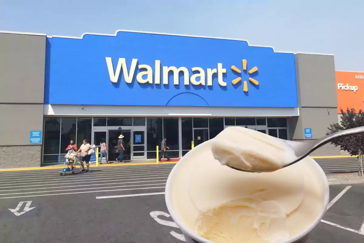 Fachada de Walmart con un bote de helado de vainilla y una cuchara en primer plano