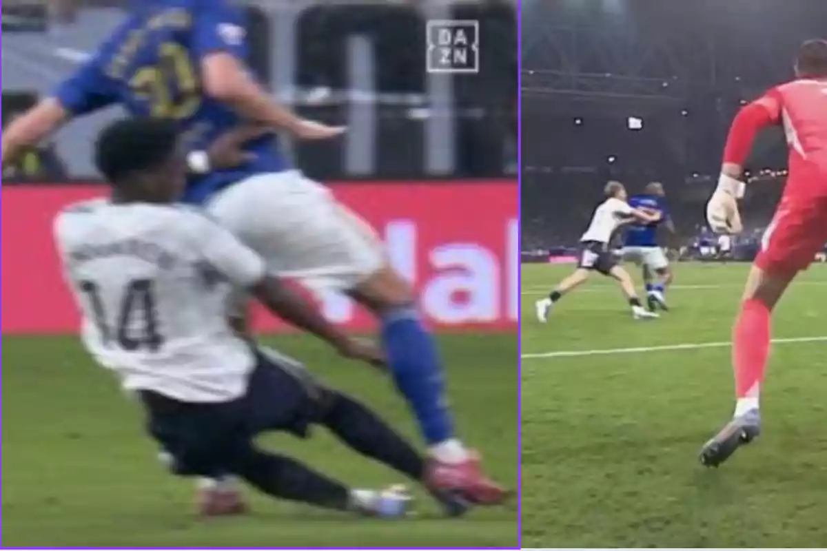 Two scenes from a soccer match showing a foul being committed and the players’ reactions near the penalty area, with the goalkeeper closely watching the play. Two scenes from a soccer match showing a foul being committed and the players’ reactions near the penalty area, with the goalkeeper closely watching the play.