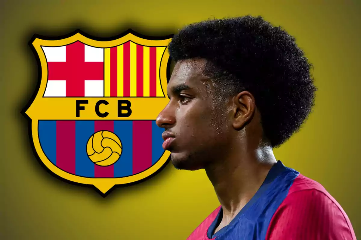 Jugador de fútbol con camiseta azulgrana en primer plano y el escudo del FC Barcelona de fondo sobre un fondo amarillo difuminado