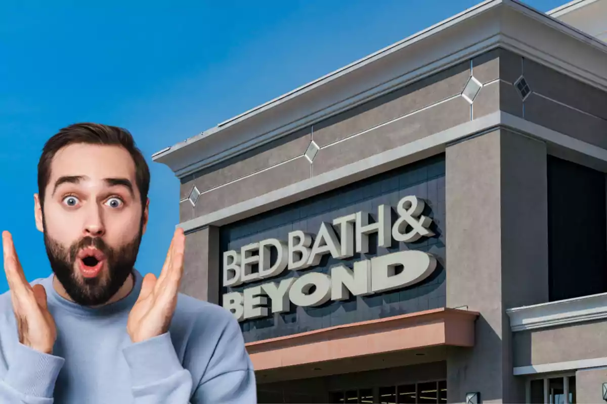Hombre con expresión de sorpresa frente a la tienda Bed Bath & Beyond
