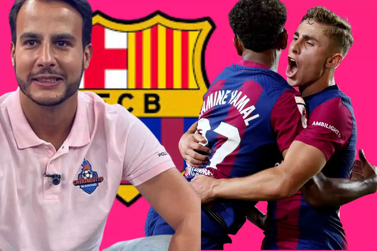 A man in a pink jersey and two Barcelona players celebrating in front of the club’s crest against a pink background