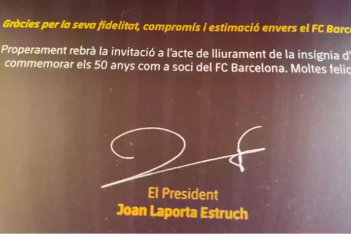 Thank you letter from FC Barcelona in Catalan for 50 years of loyalty as a member, signed by president Joan Laporta Estruch Thank you letter from FC Barcelona in Catalan for 50 years of loyalty as a member, signed by president Joan Laporta Estruch