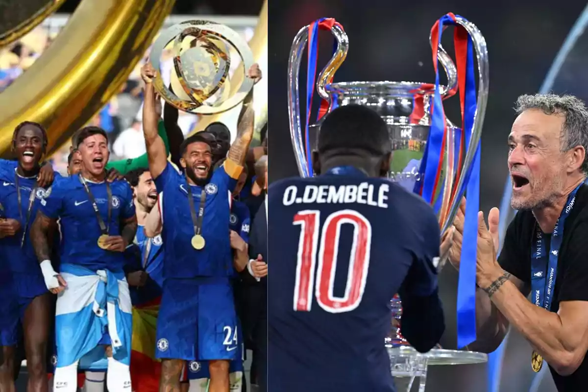 Soccer players celebrate with trophies in two different scenes, one with the Chelsea team lifting a trophy and another with a PSG player alongside his coach in front of the Champions League cup.