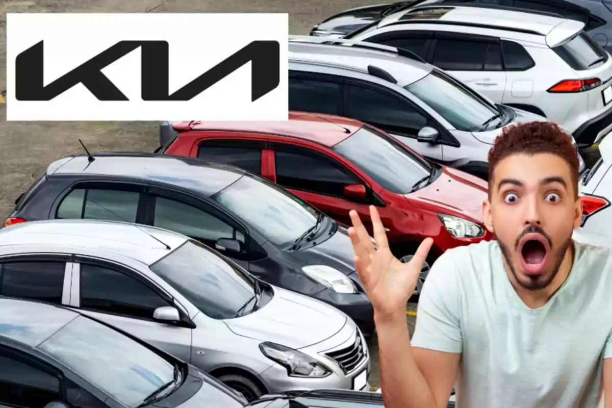 Hombre sorprendido frente a un estacionamiento lleno de autos con un logotipo de Kia en la esquina superior izquierda