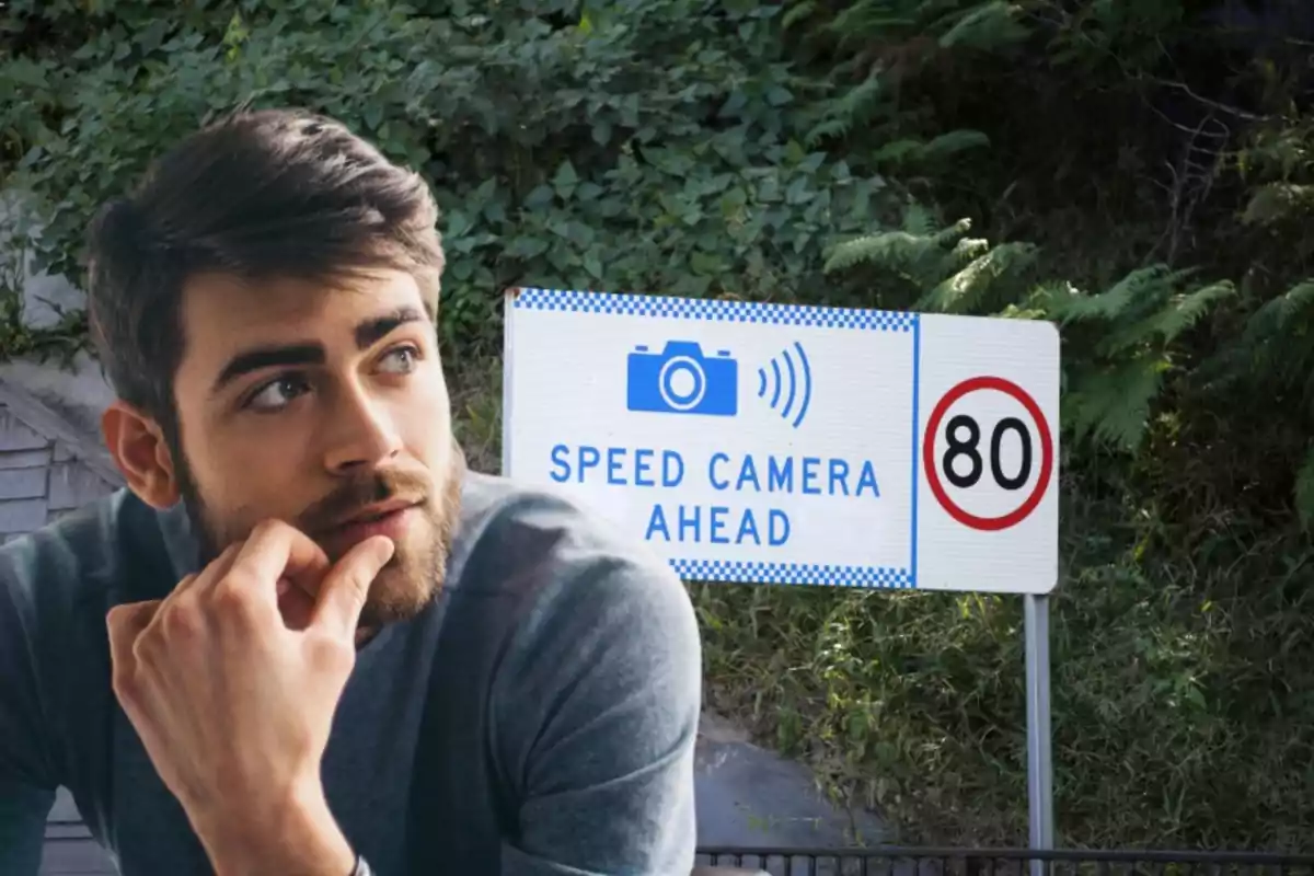 Thoughtful man in the foreground with a speed camera warning sign and an 80 limit in the background Thoughtful man in the foreground with a speed camera warning sign and an 80 limit in the background