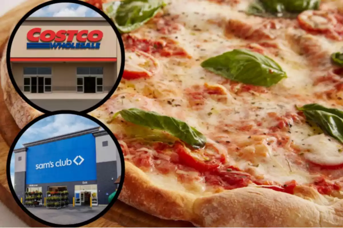 Una pizza de queso con hojas de albahaca y dos recuadros mostrando las fachadas de Costco y Sam's Club