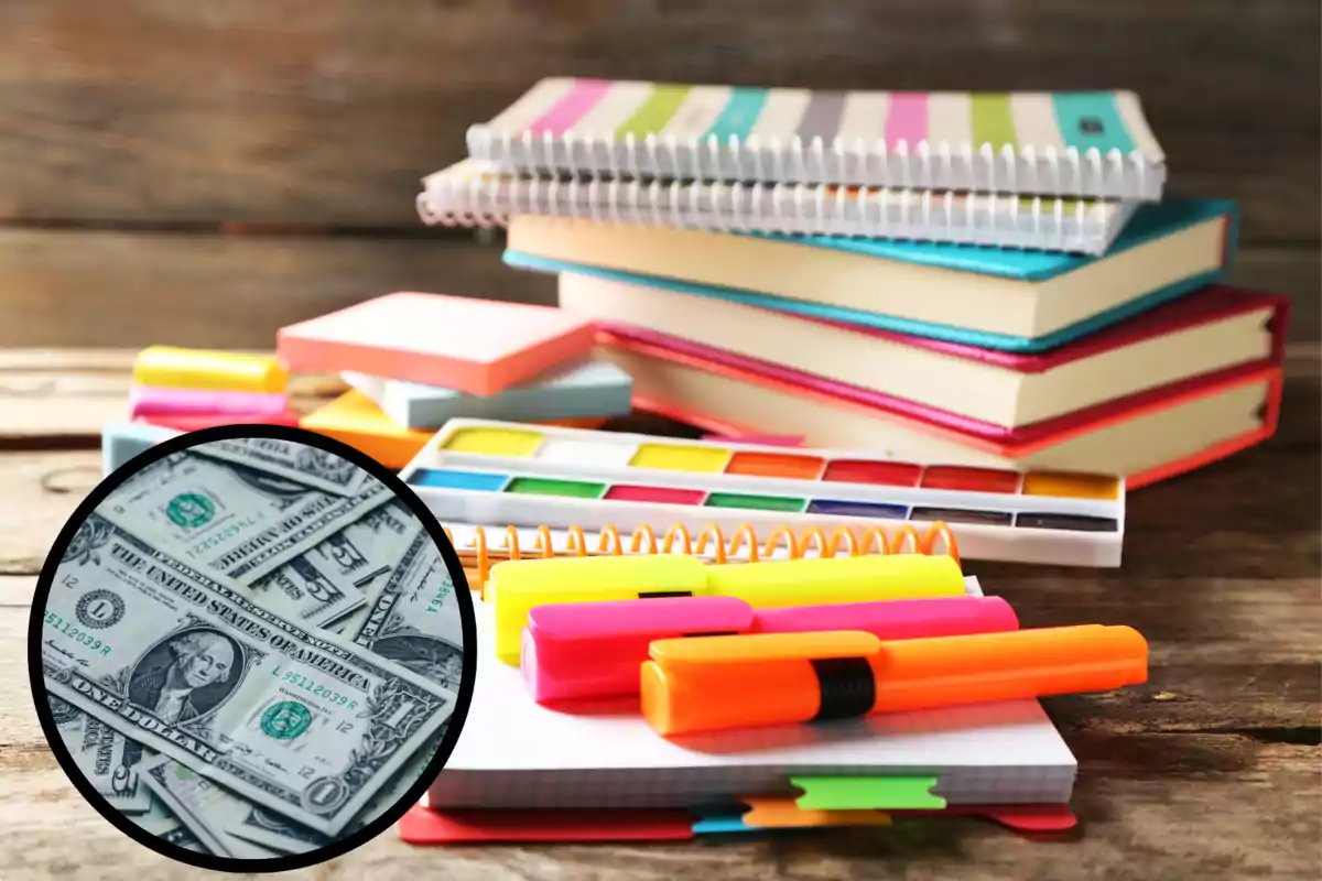 Varios útiles escolares como cuadernos, marcadores y acuarelas sobre una mesa de madera con un círculo que muestra billetes de dólar Varios útiles escolares como cuadernos, marcadores y acuarelas sobre una mesa de madera con un círculo que muestra billetes de dólar