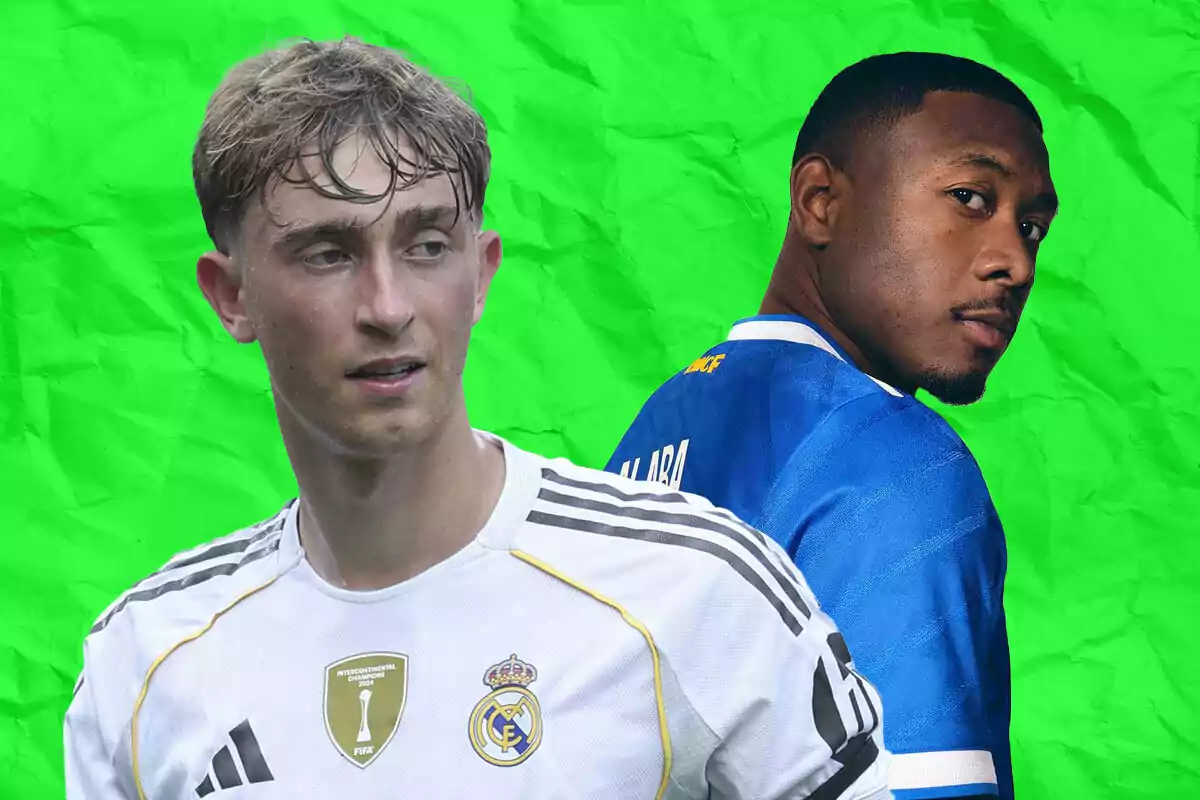 Dos futbolistas del Real Madrid con fondo verde