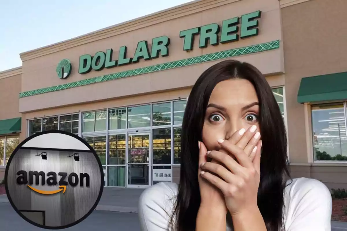 Una mujer con expresión de sorpresa está frente a una tienda Dollar Tree y en la esquina inferior izquierda aparece el logo de Amazon.