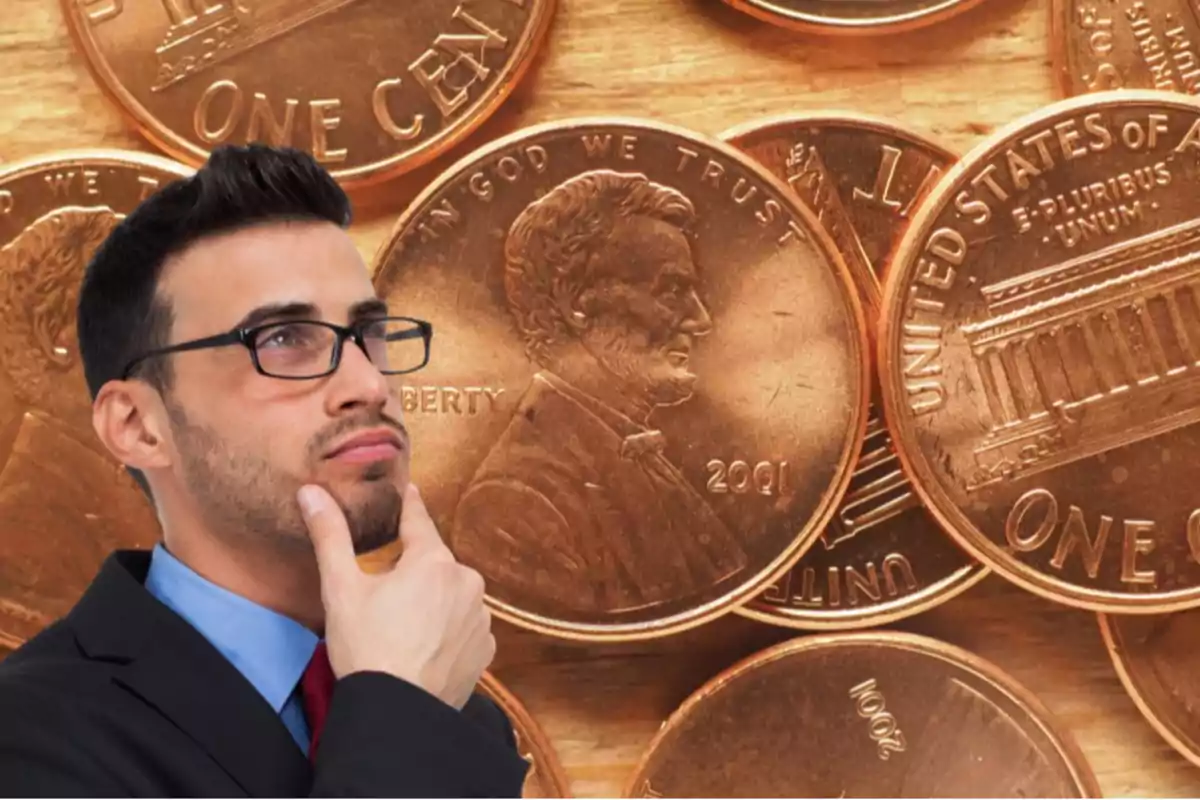 Hombre pensativo con gafas y traje frente a varias monedas de un centavo estadounidenses